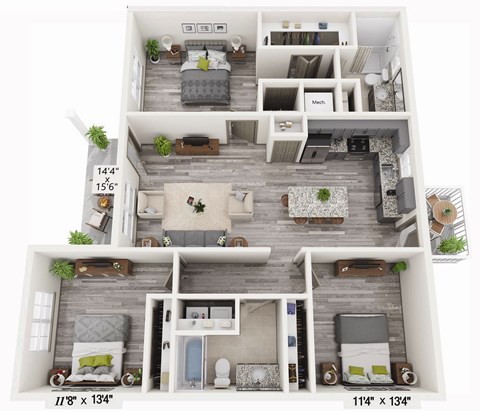 Floor plan for 3 beds, 2 baths, 1399 sqft